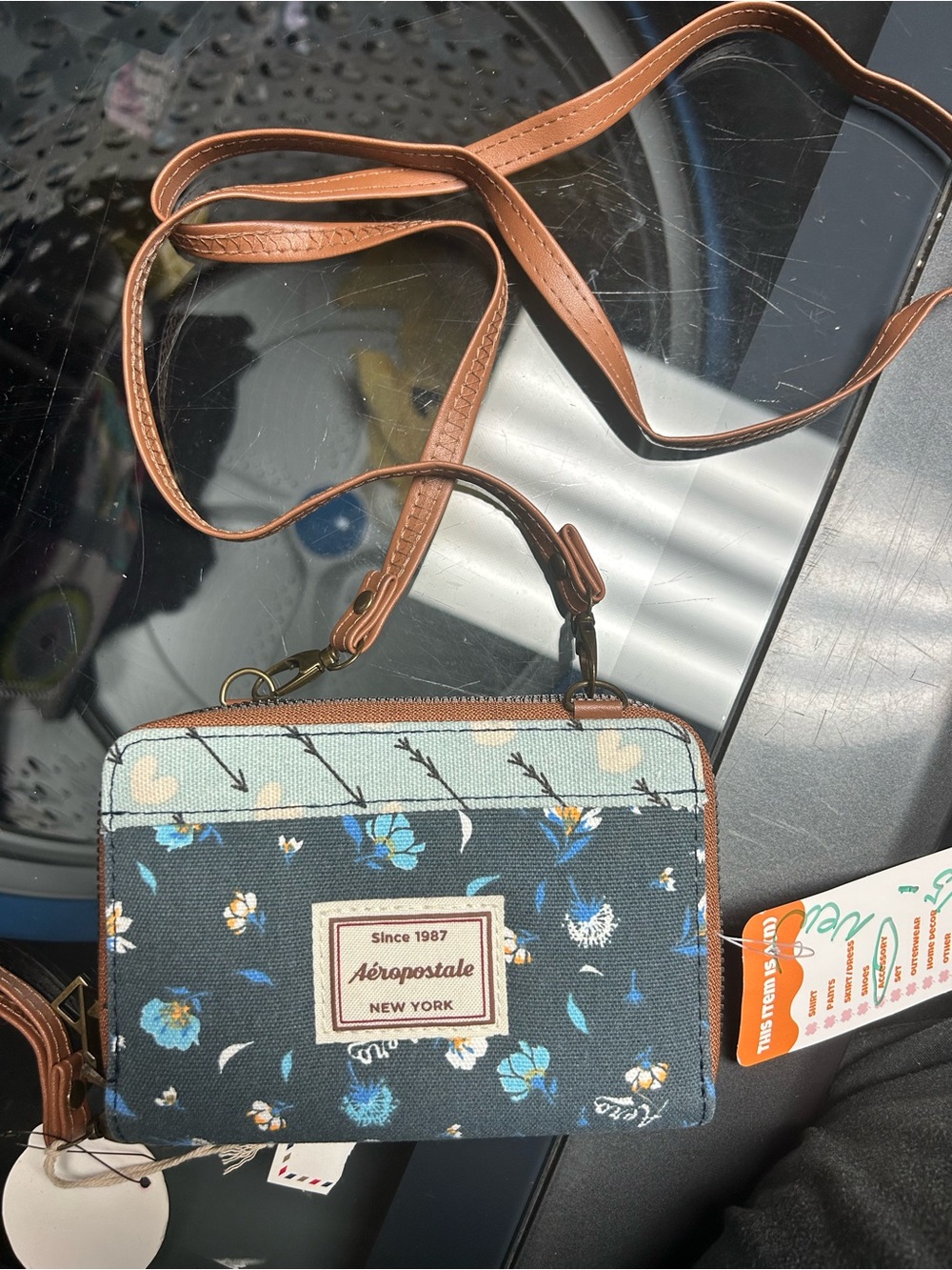 Aeropostale Blue Floral Crossbody with Brown Trim